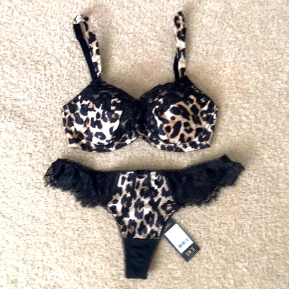 Dita Von Teese 2pc Set. Black Lace Silky (feel) Leopard Print Bra & Thong match.